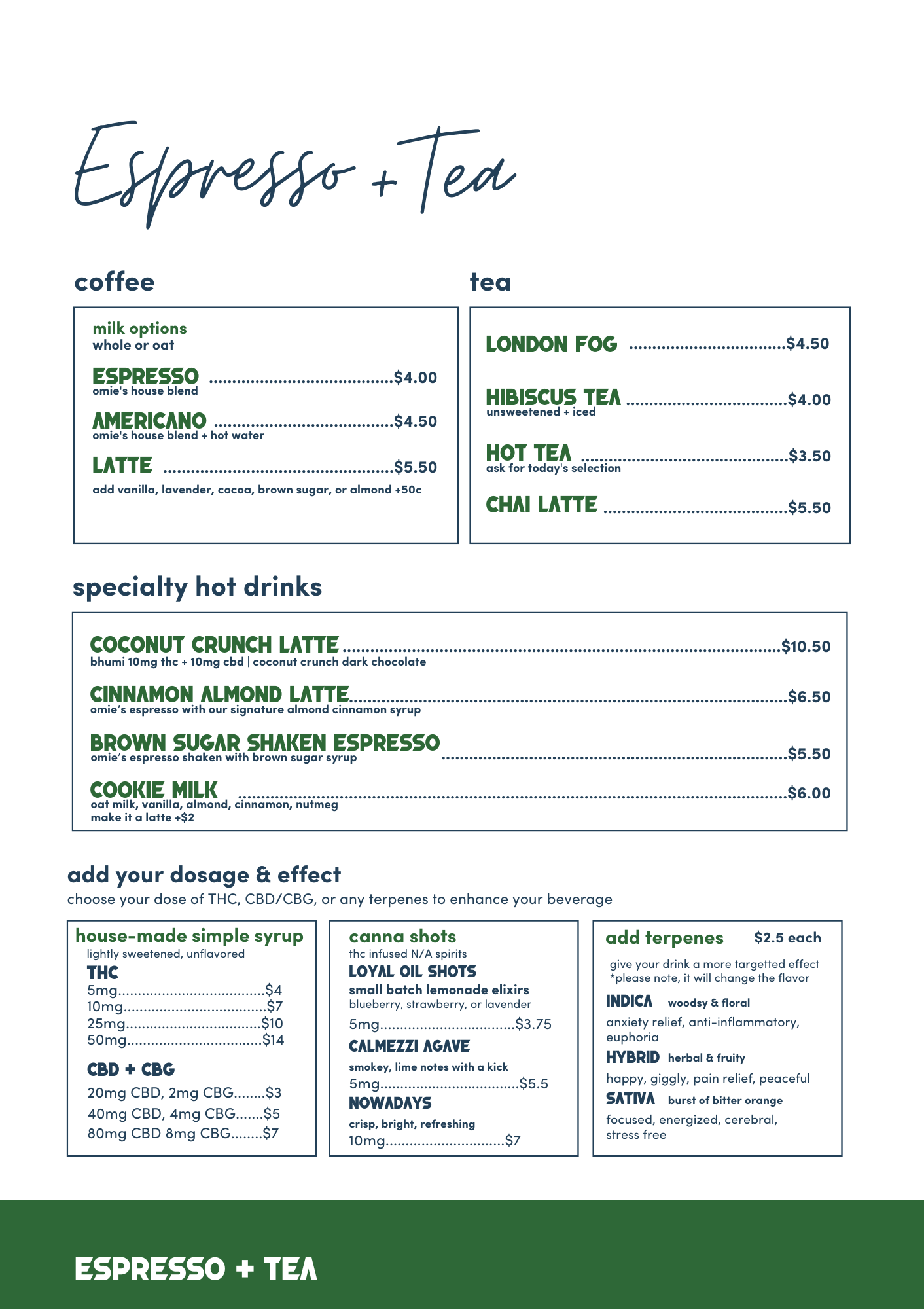 Canna Cafe Menu Durham - Espresso and Tea